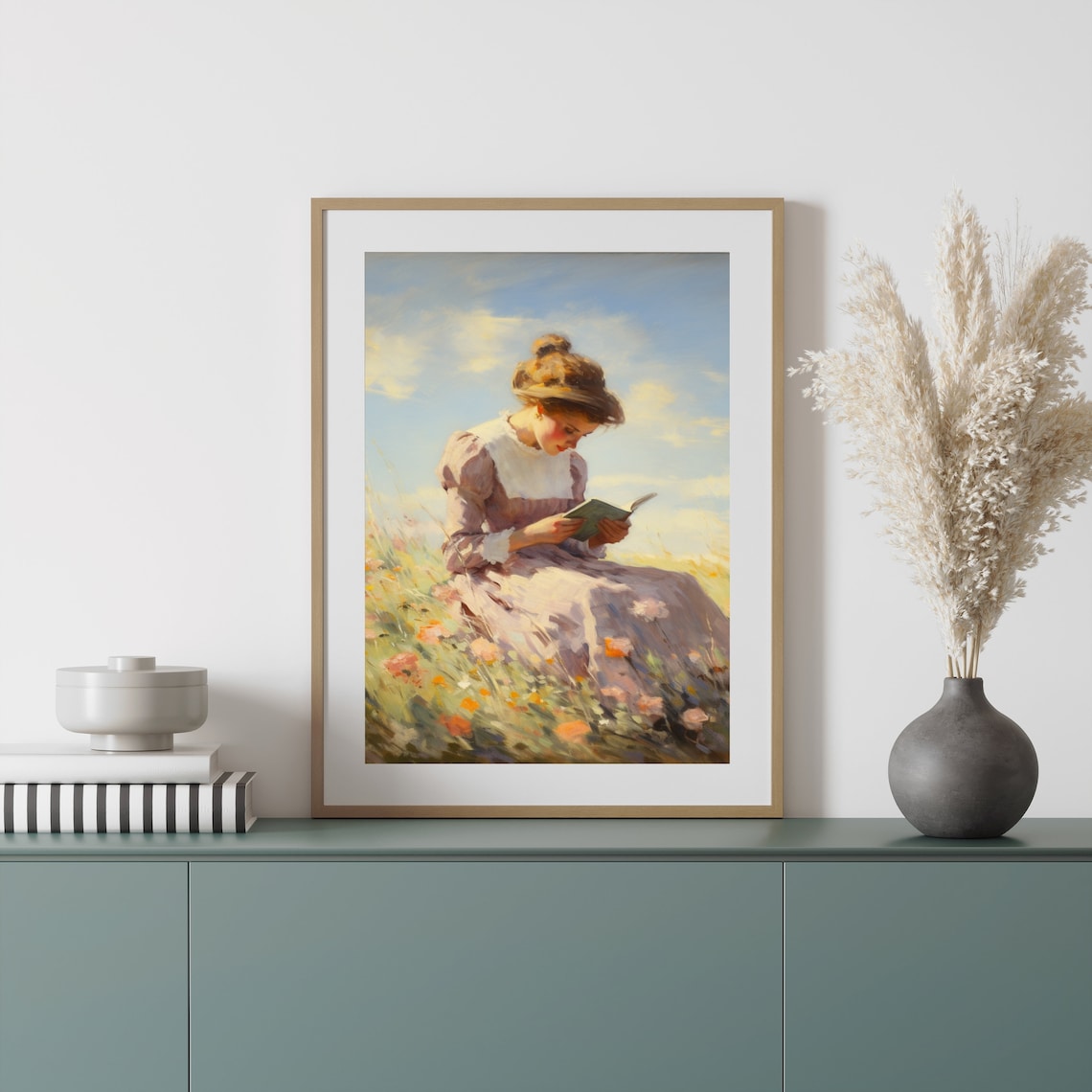 Woman Reading Book In Sunny Wildflower Meadow Vintage Art Poster - Image 2