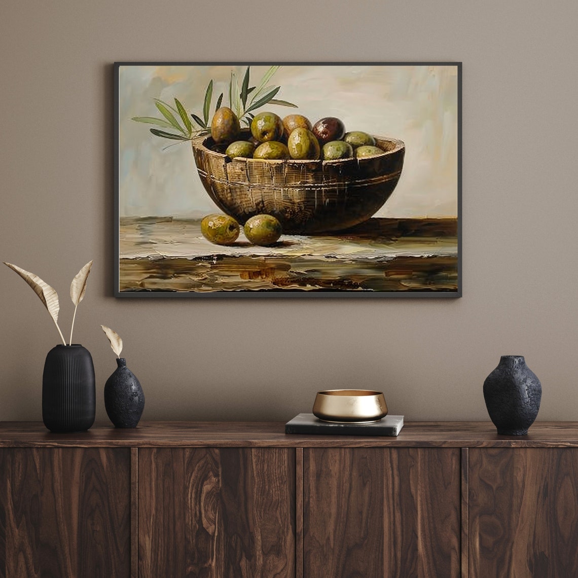 Rustic Wooden Bowl Of Green Olives With Olive Branches Print - Image 5