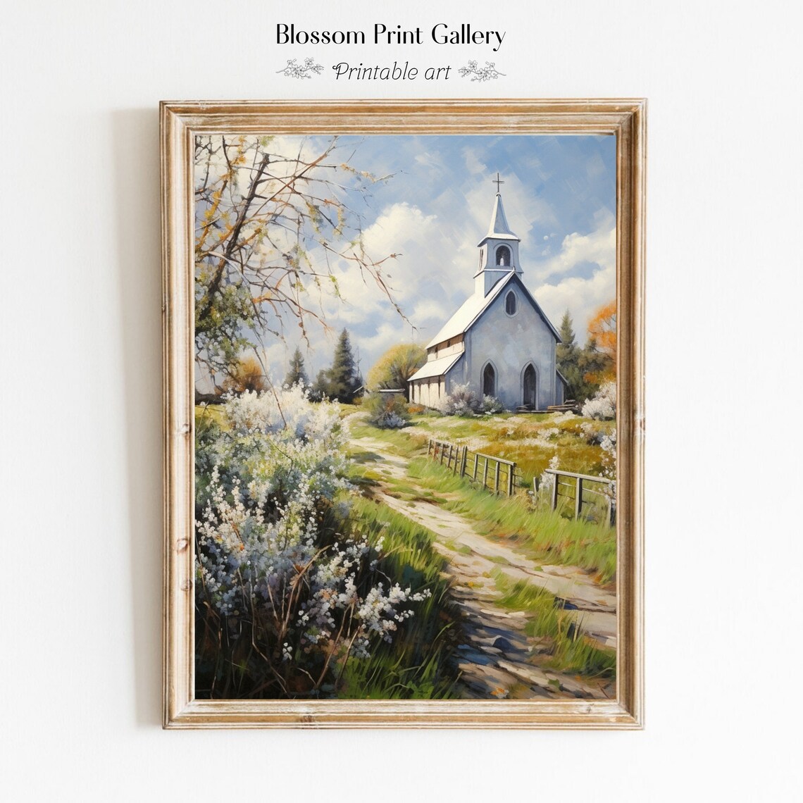 White Country Church Spring Blossom Meadow Chapel Oil Painting Poster