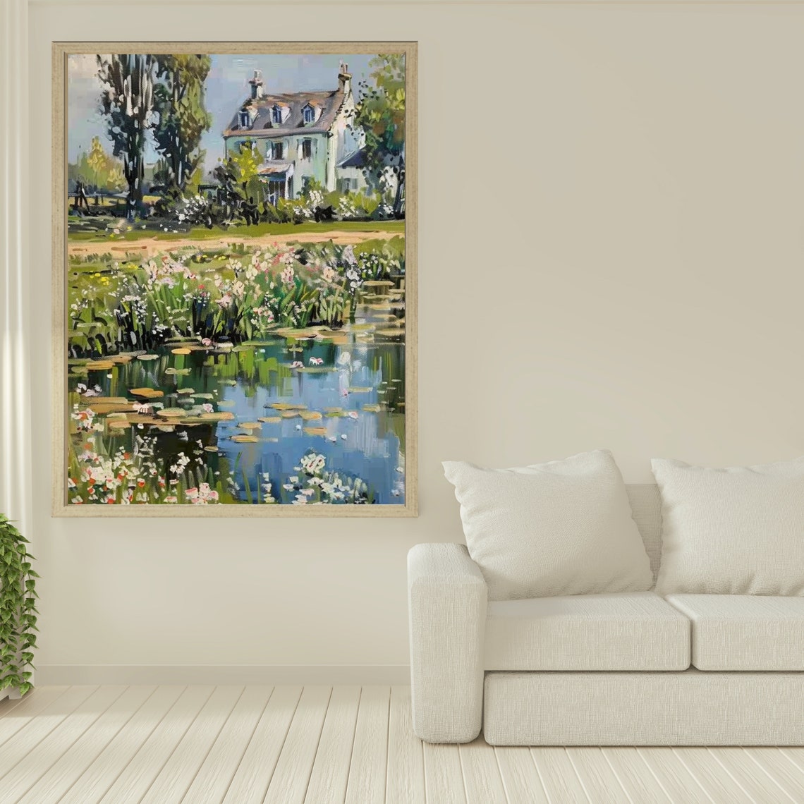 Impressionist House by Lily Pond with Wildflowers Painting Poster - Image 2