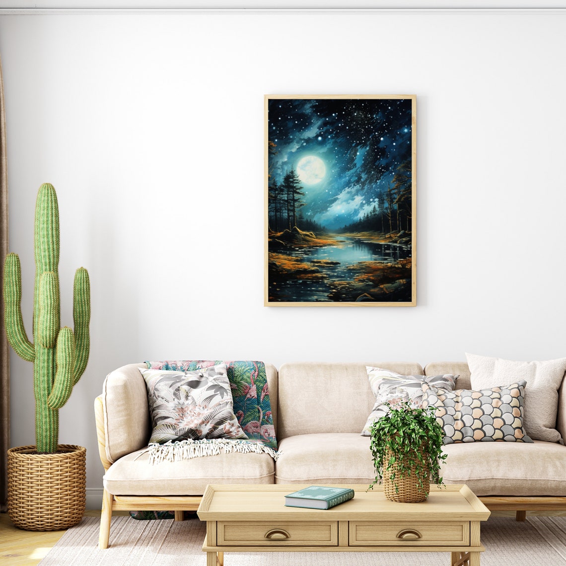 Starry Night Sky over a Moonlit River Forest Landscape Poster - Image 6