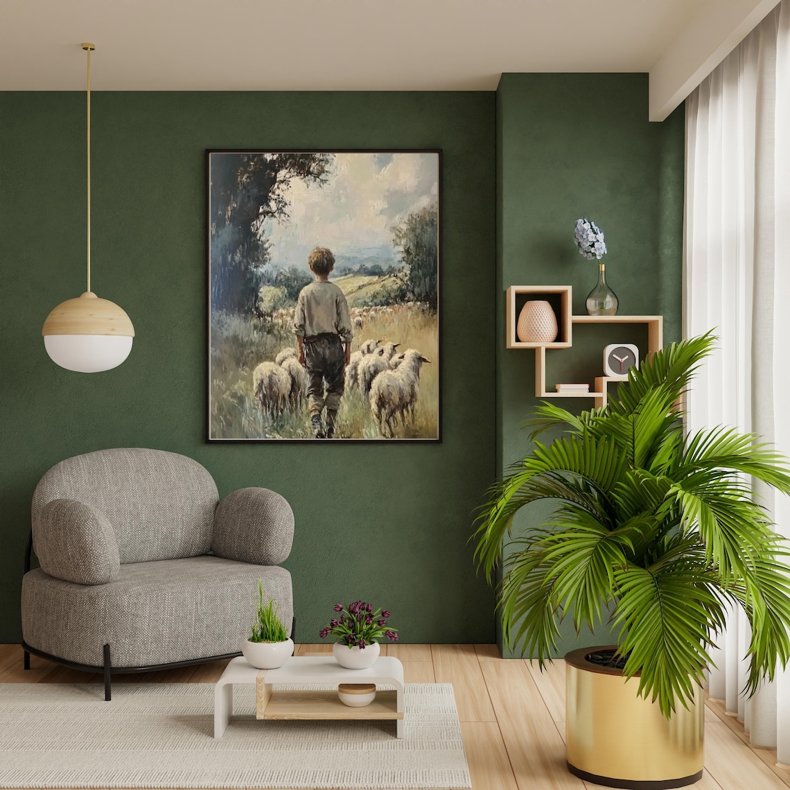 Young Shepherd Boy Leading Sheep Pastoral Countryside Painting Poster - Image 6