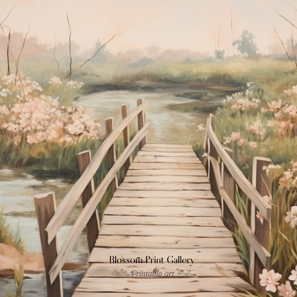 Wooden Footbridge over Stream with Wildflowers Painting Poster - Image 3