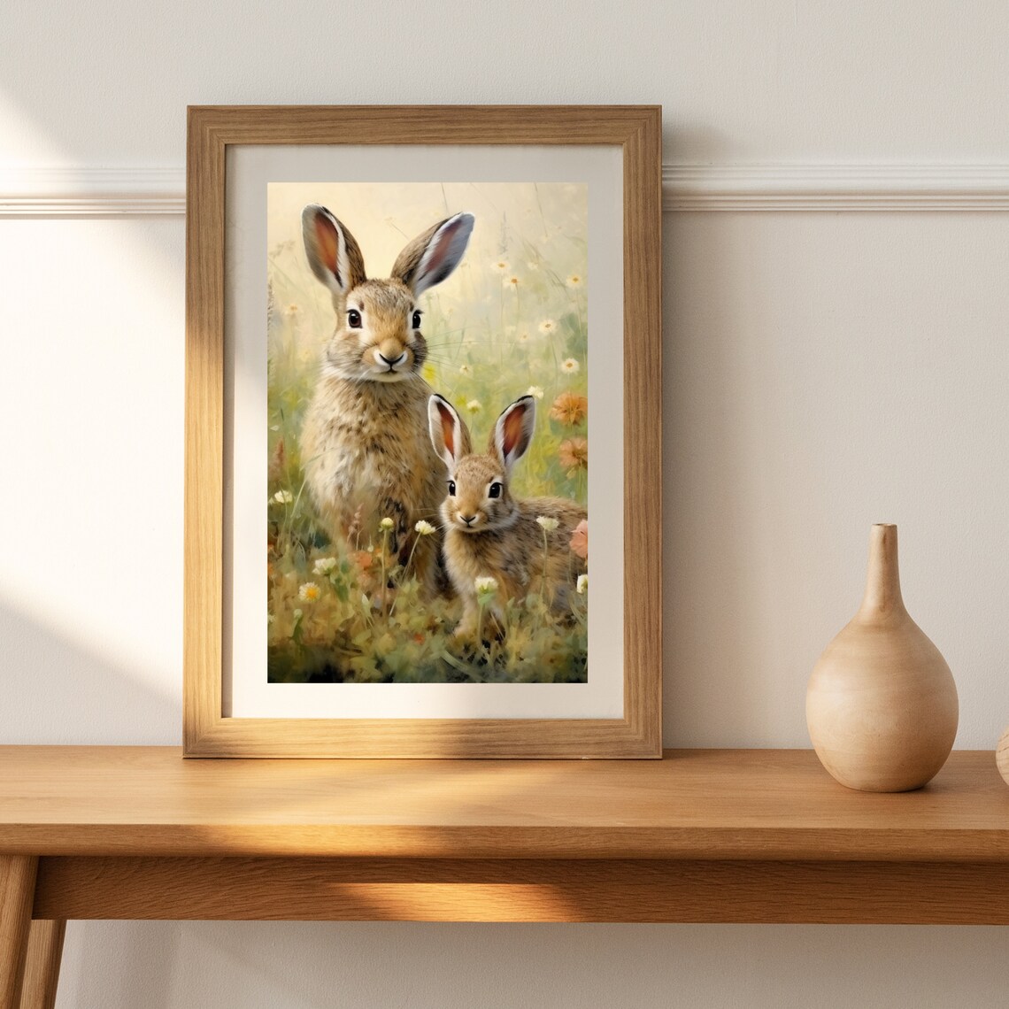 Two Bunnies Wildflower Meadow Cute Rabbit Pair Painting Poster - Image 3