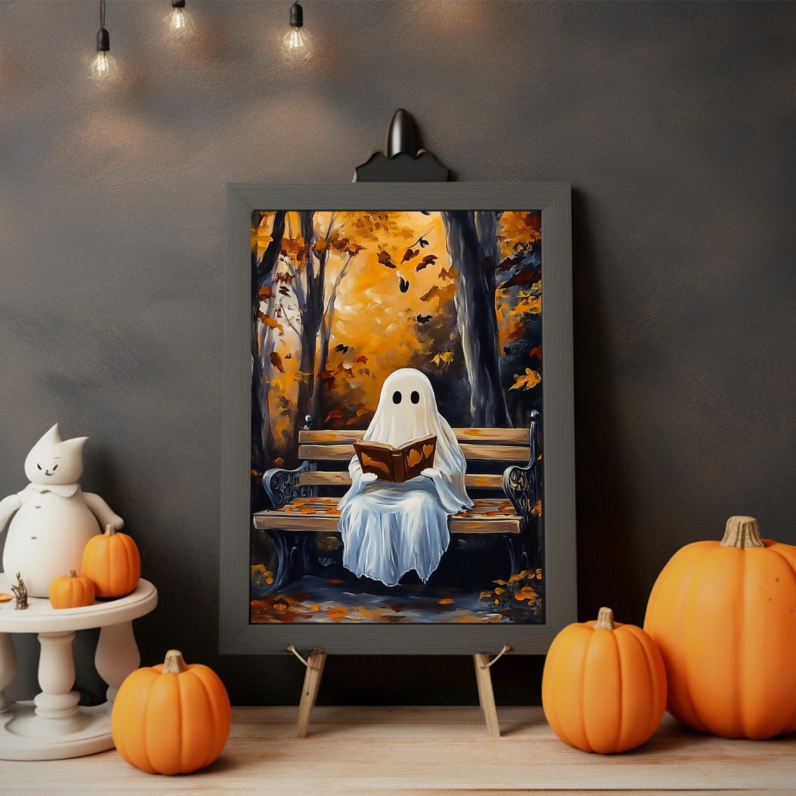 Cute Halloween Ghost Reading A Book Wall Art Spooky Vintage Poster Halloween Muted Neutral Print Whimsical Halloween Ghost Art 667 - Image 3