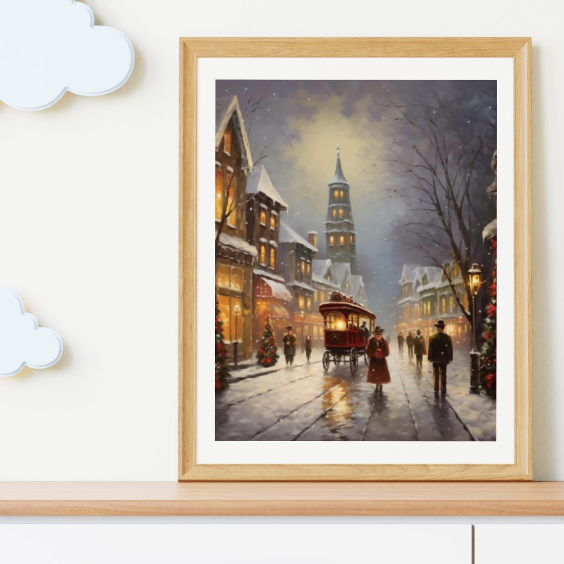 Vintage Christmas Wall Art City Street Painting Festive Holiday Home Decor Snowy Town Artwork Winter Street - Image 2