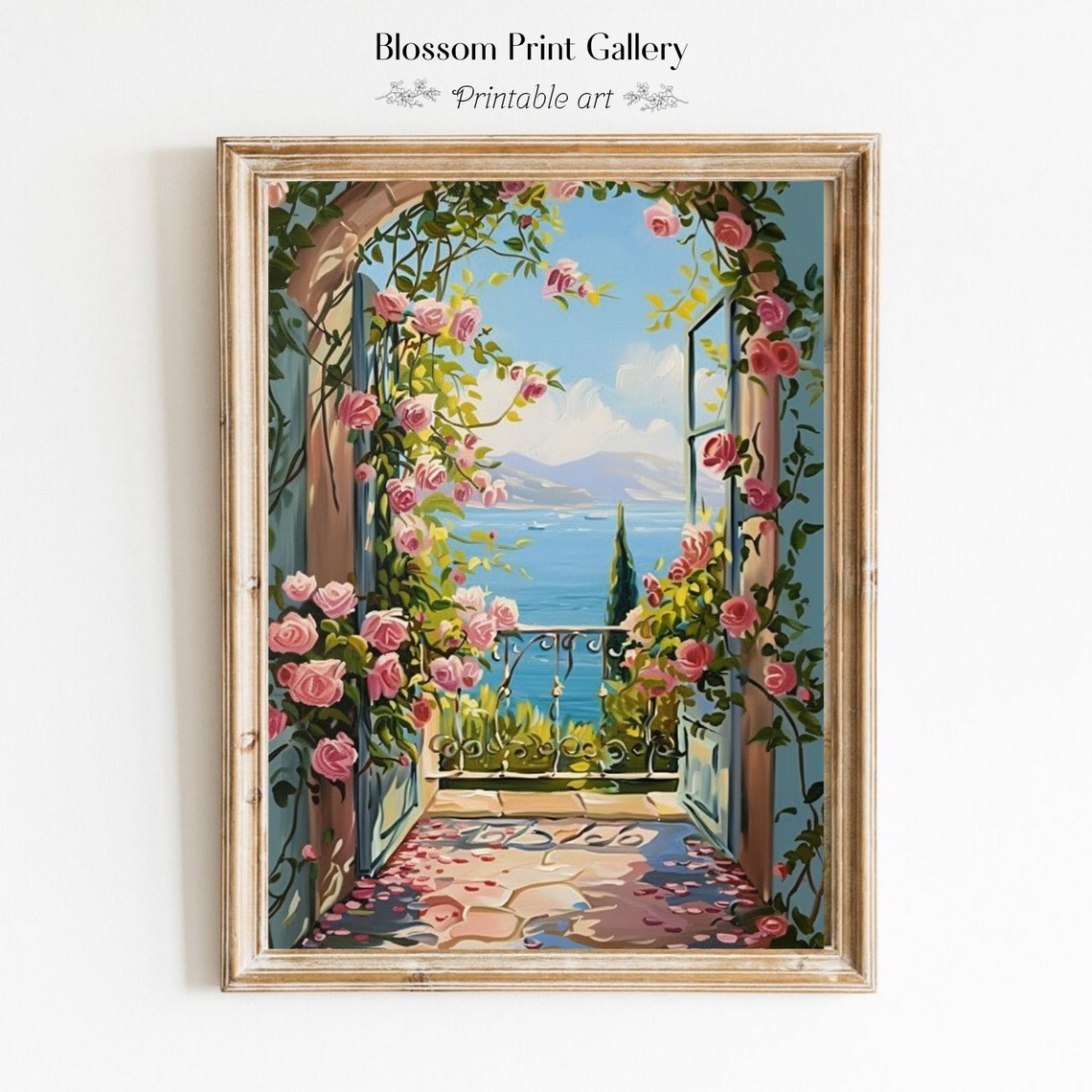 Pink Rose Covered Archway Overlooking the Blue Sea Garden Poster - Image 6
