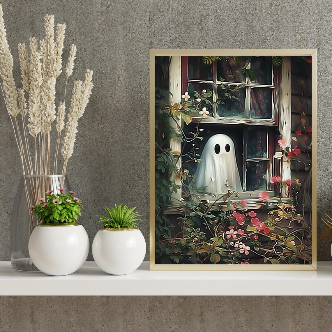 Cute Ghost Peeking Vintage Window Flower Garden Halloween Poster - Image 2