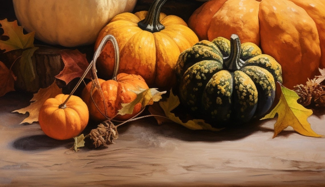 Pumpkin And Gourd Still Life Painting On Dark Background Fall Poster - Image 4