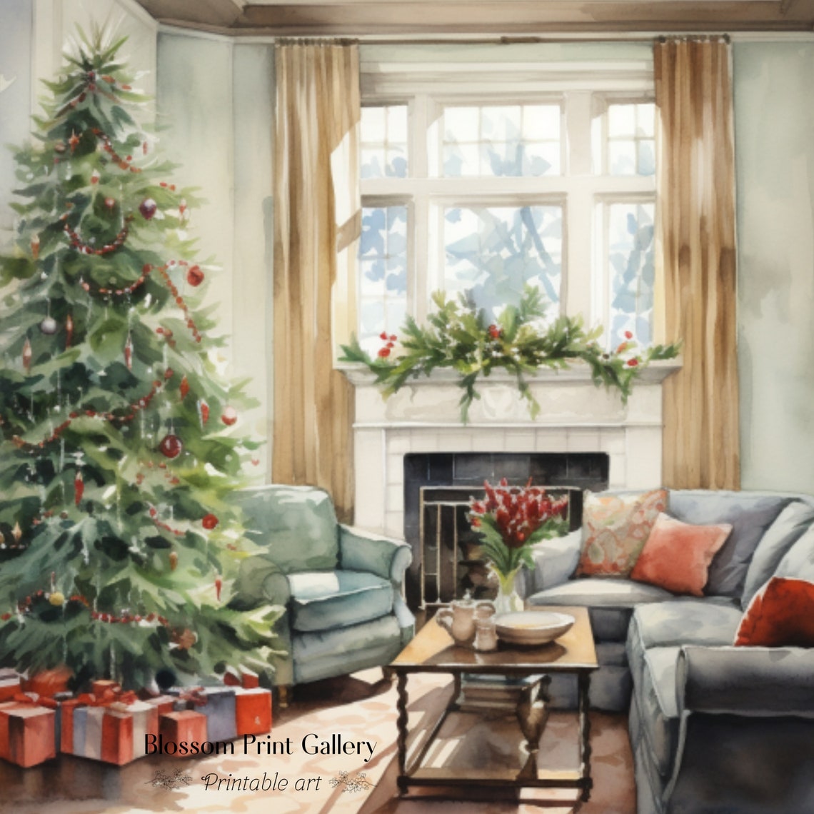 Cozy Christmas Living Room With Tree Fireplace Watercolor Poster - Image 3