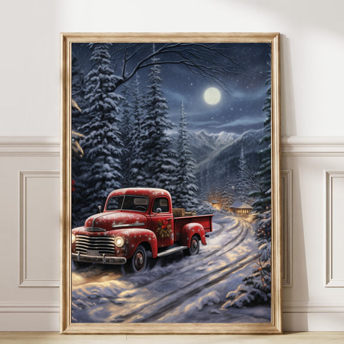 Vintage Red Truck on Moonlit Snowy Forest Road Painting Poster - Image 6