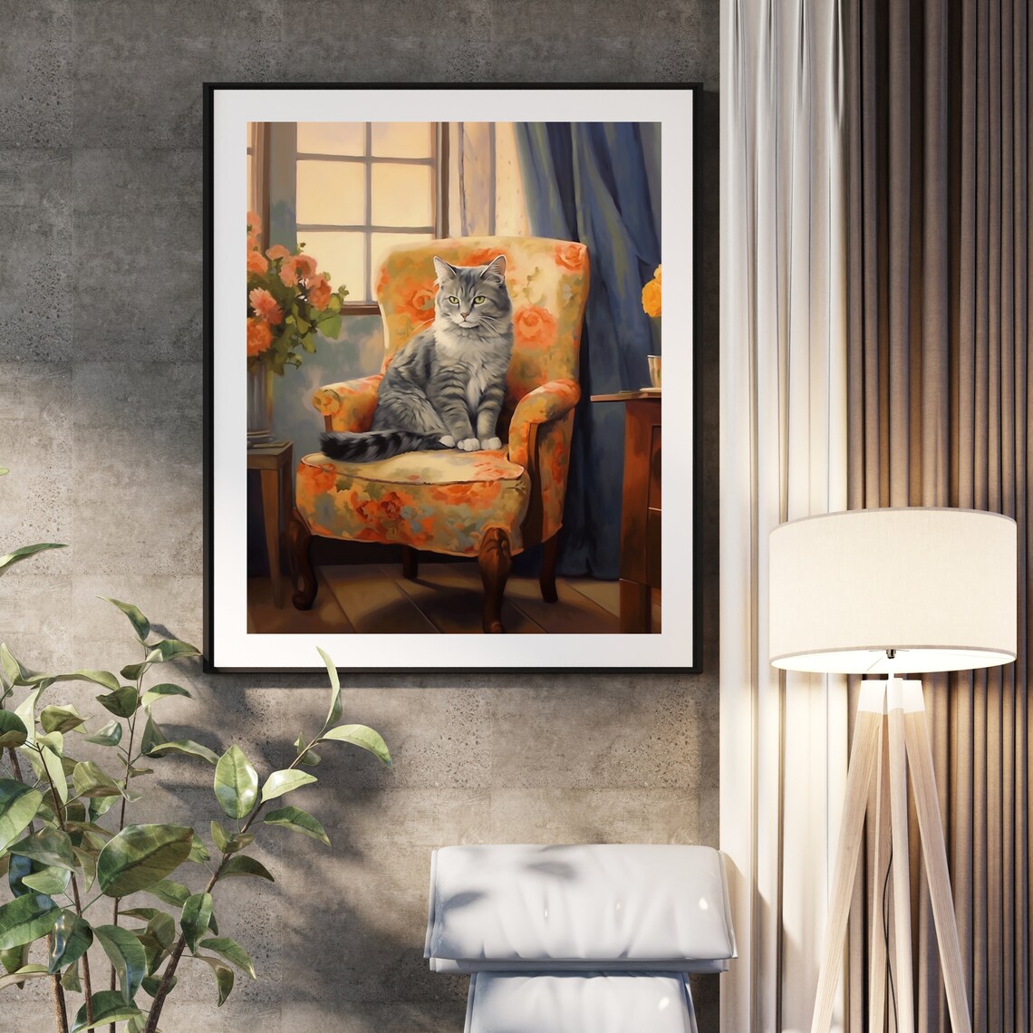 Grey Tabby Cat On Vintage Floral Armchair Cozy Window Portrait Poster - Image 2