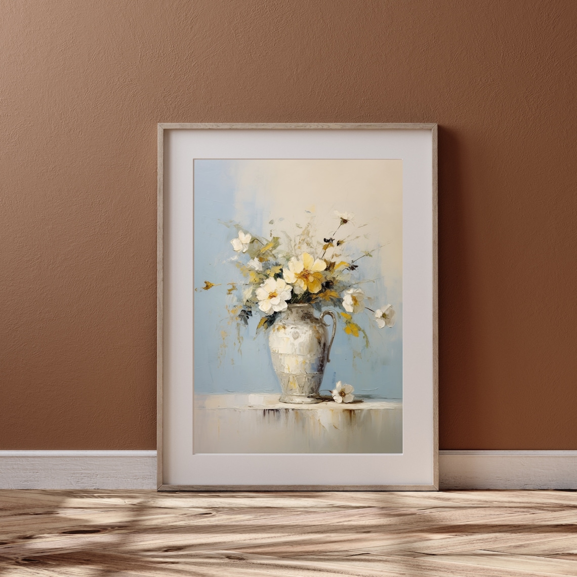 White And Yellow Wildflowers Antique Vase Soft Blue Still Life Poster - Image 4