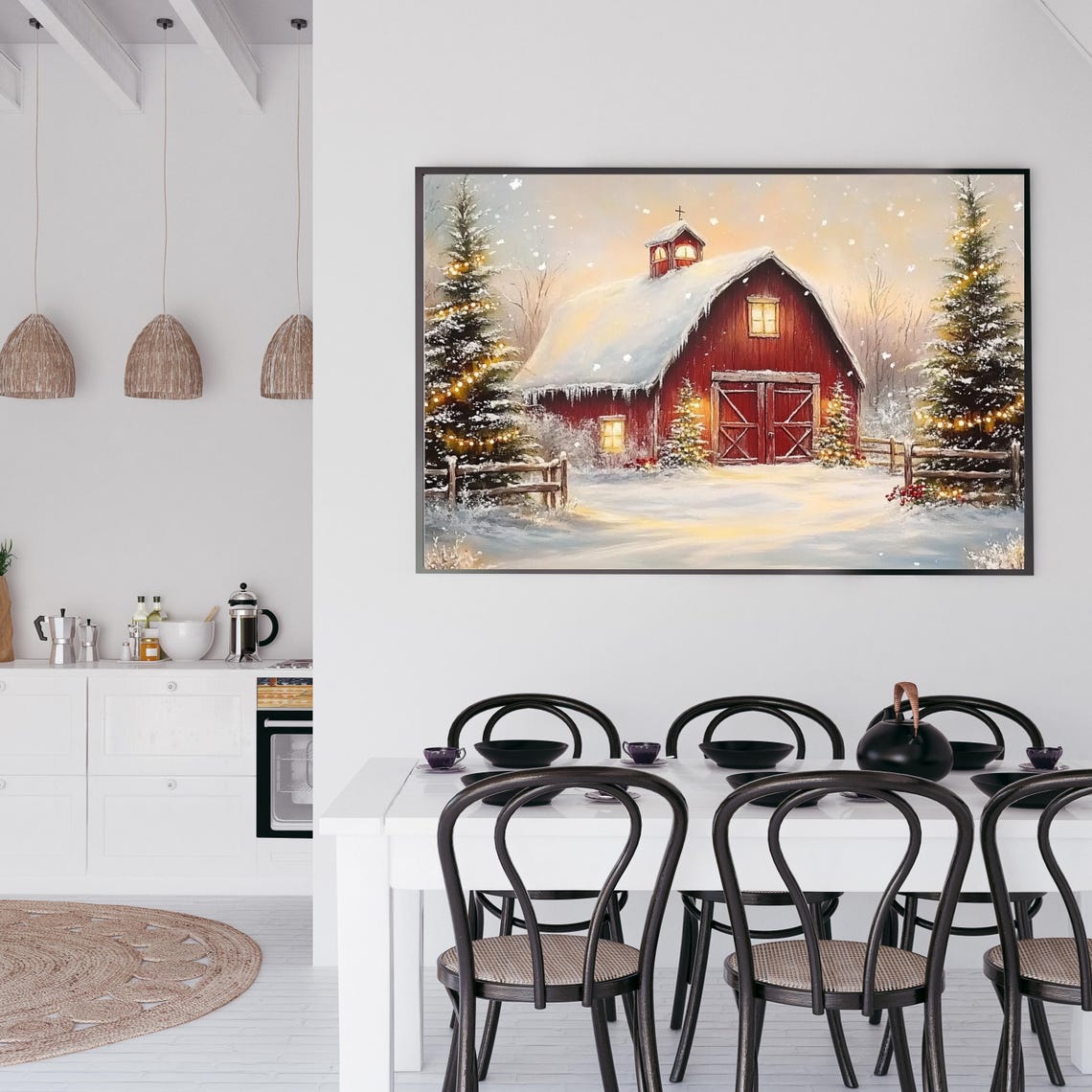 Snowy Red Barn Glowing Christmas Lights Winter Farm Art Poster - Image 3