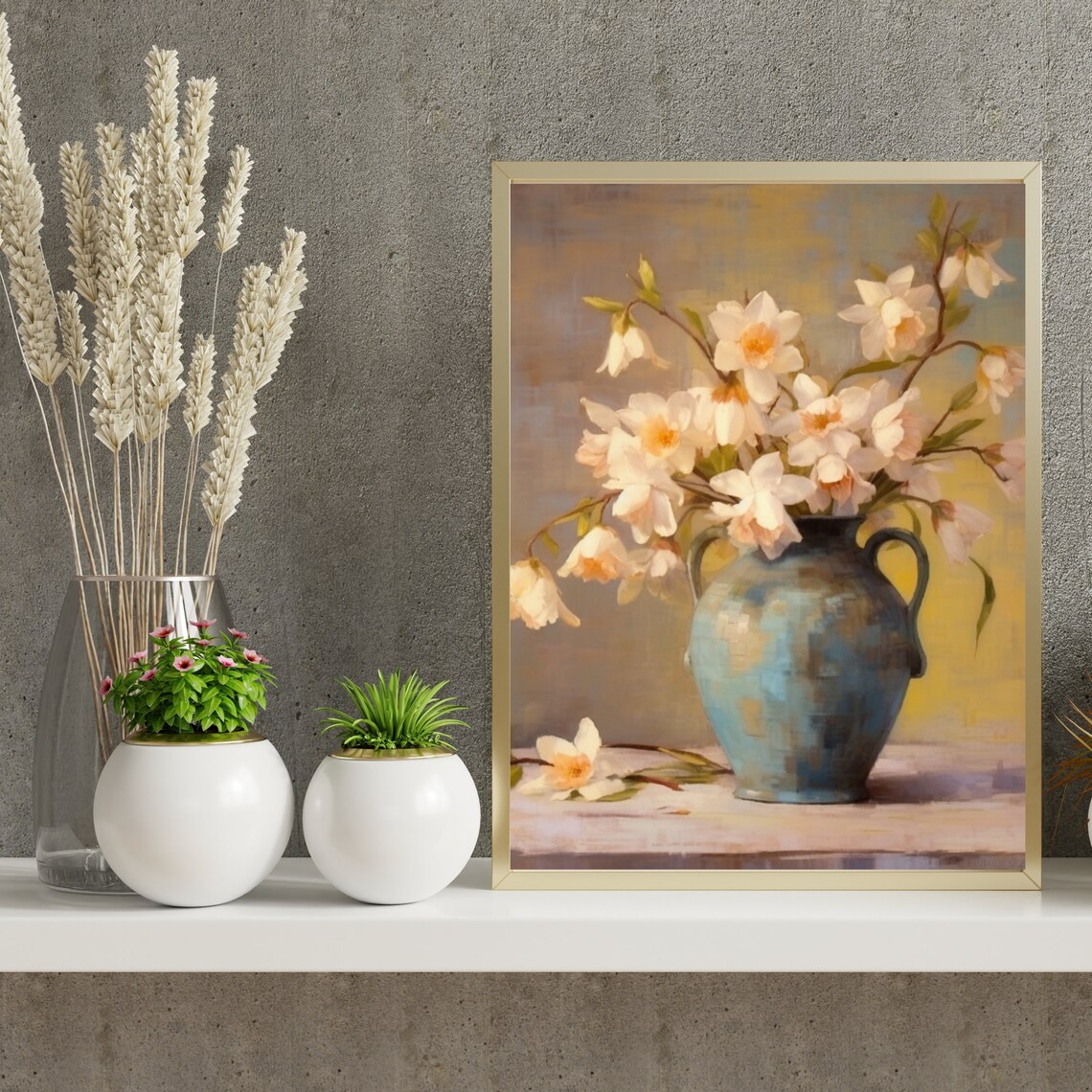 White Daffodils in Blue Vase Vintage Still Life Floral Oil Painting Poster - Image 4