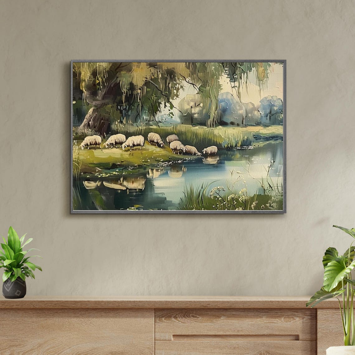 Peaceful Sheep Grazing By Pond Pastoral Oil Landscape Poster - Image 6