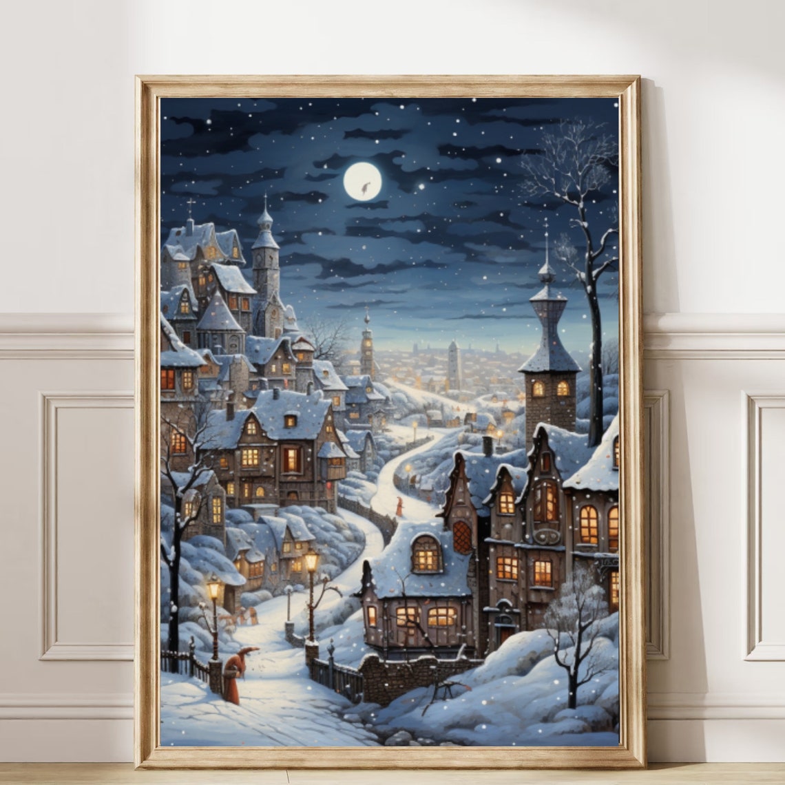 Snowy Storybook Village At Night Moonlit Winter Town Christmas Poster - Image 6