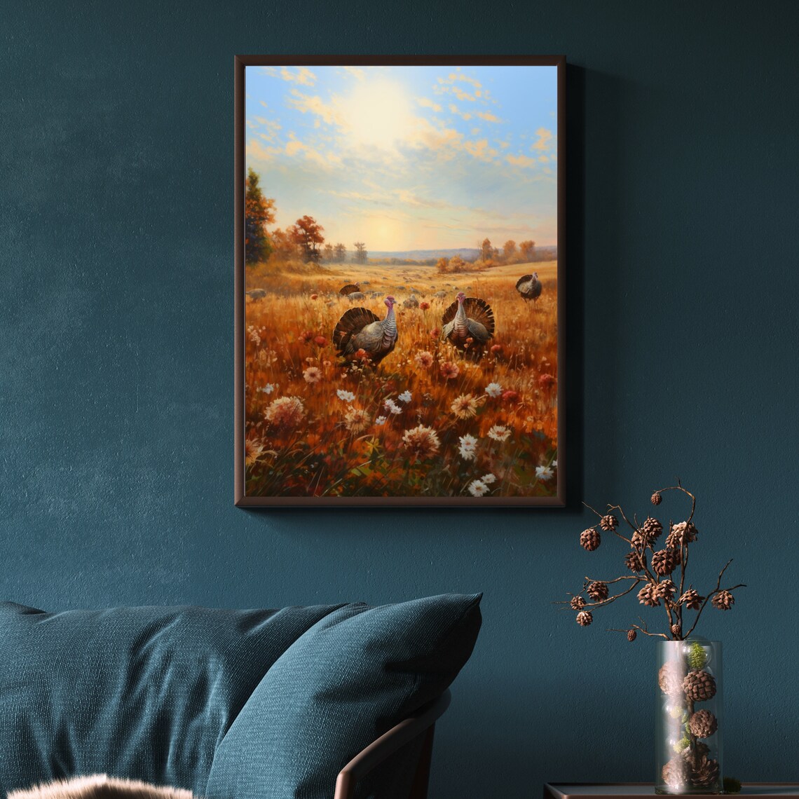 Wild Turkeys in Autumn Meadow Wildflower Field Painting Poster - Image 5