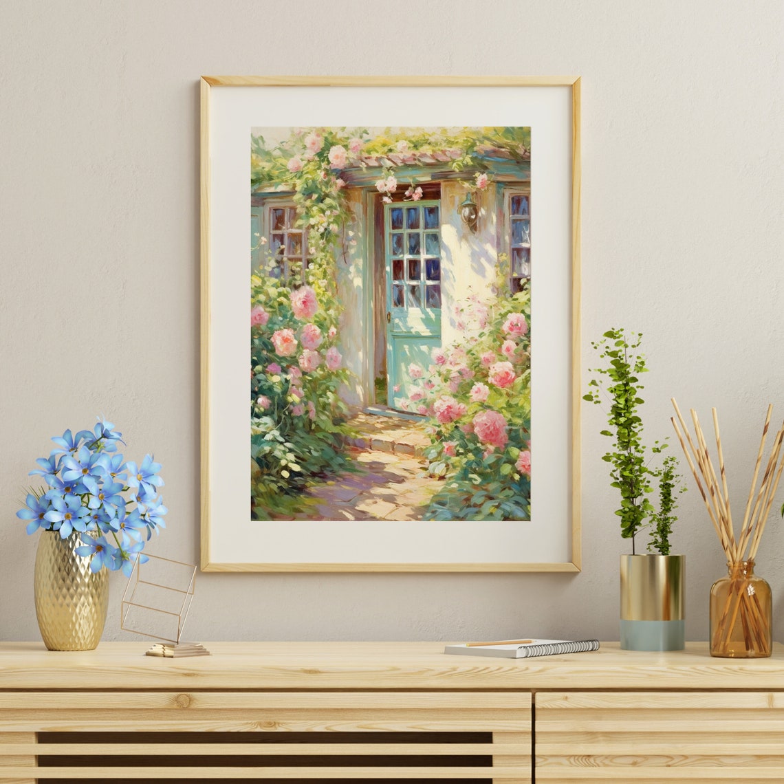 Spring Cottage Doorway with Climbing Pink Roses Painting Poster - Image 4