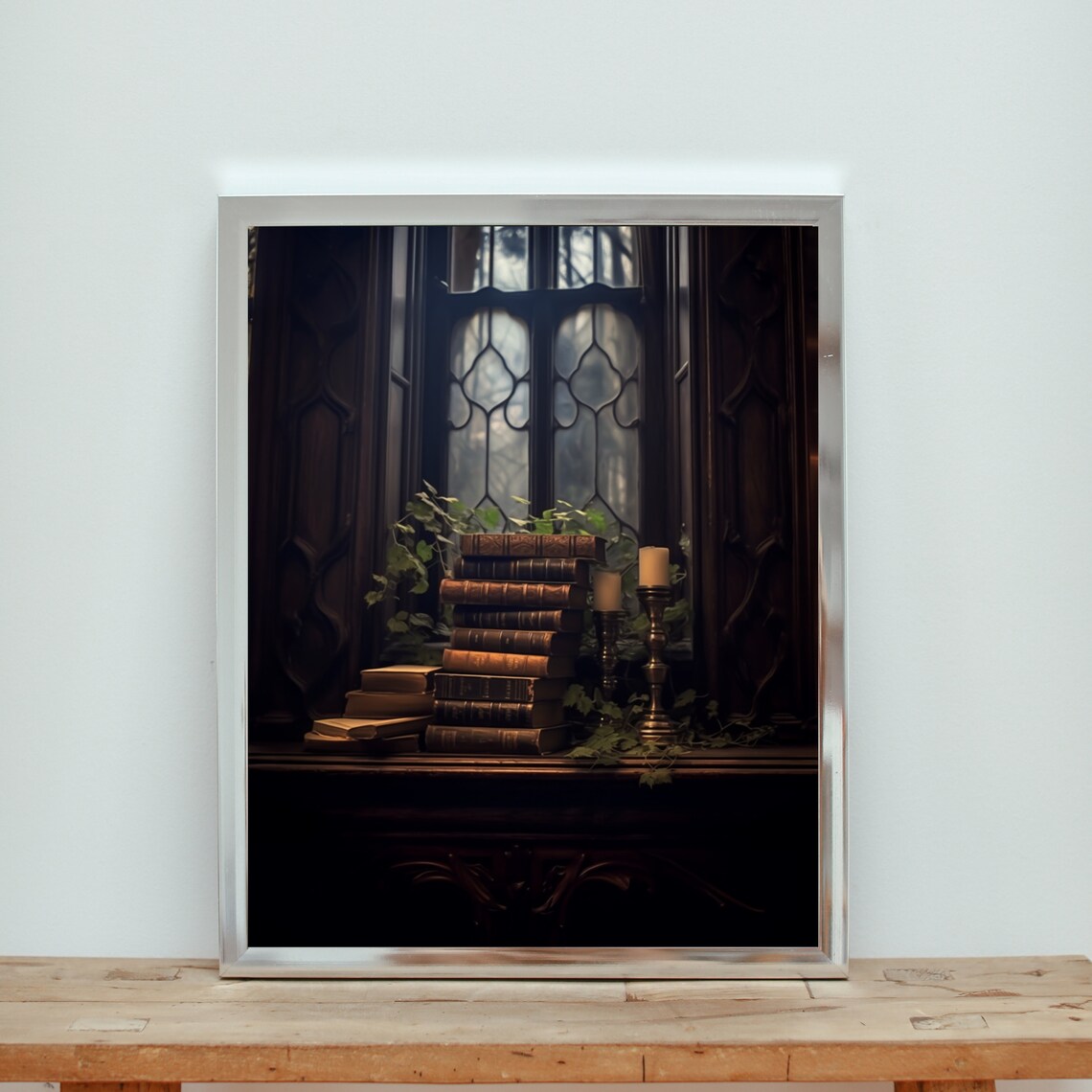Stack Of Old Books By Gothic Window Dark Academia Painting Poster - Image 5