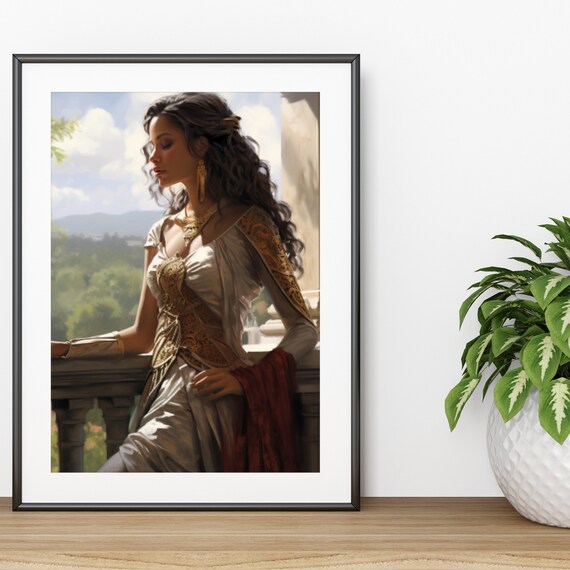 Elegant Woman on a Sunlit Balcony Classical Beauty Portrait Poster