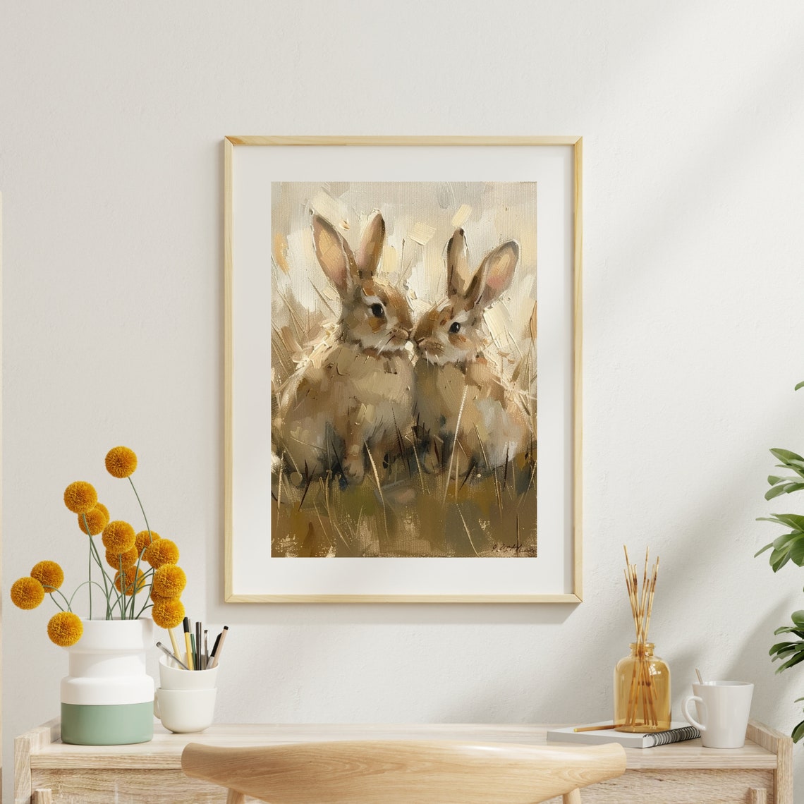 Two Cute Rabbits in Grass Impressionist Bunny Painting Nursery Poster - Image 6