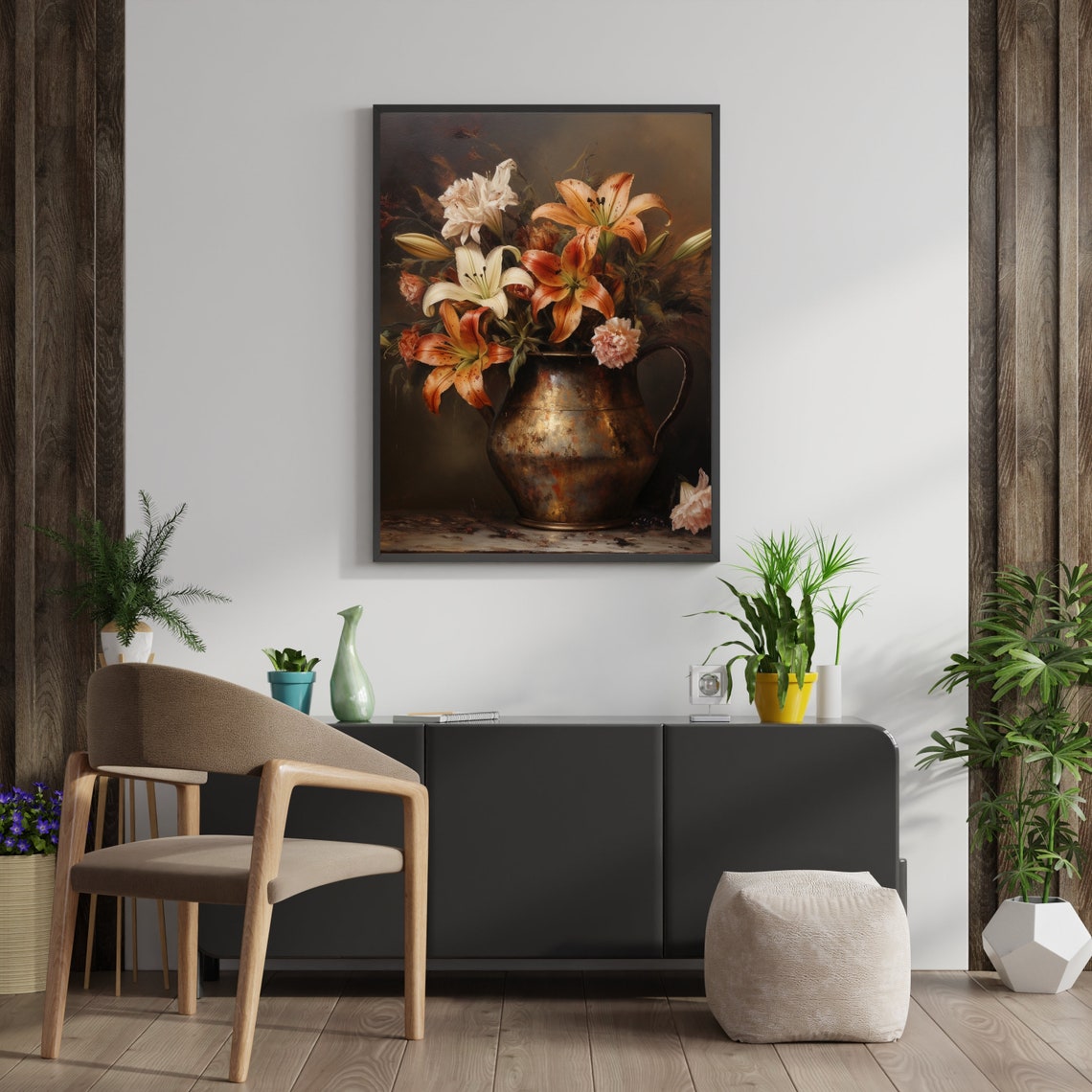 White And Orange Lilies In Brass Pitcher Vintage Floral Poster - Image 4