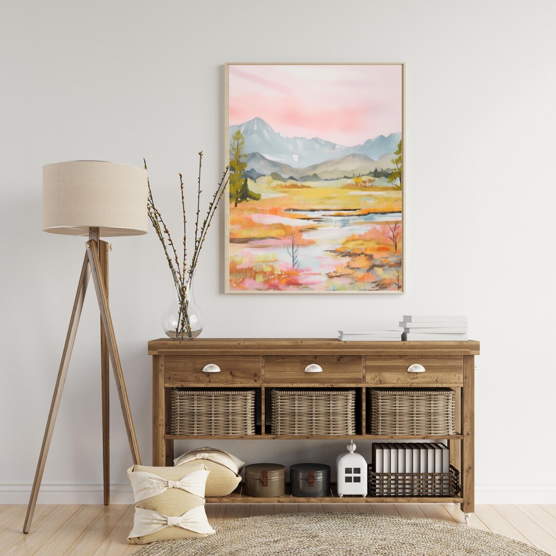 Pastel Mountain Valley with Pink Sky and Golden Meadow Landscape Poster - Image 5
