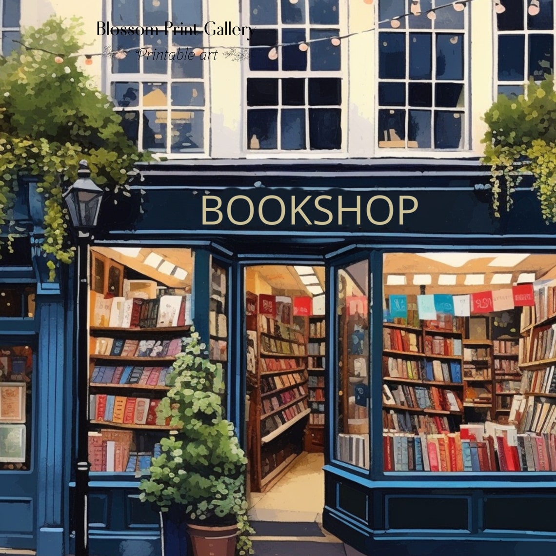 Charming Blue Bookshop Storefront Illustration Book Lover Poster - Image 2