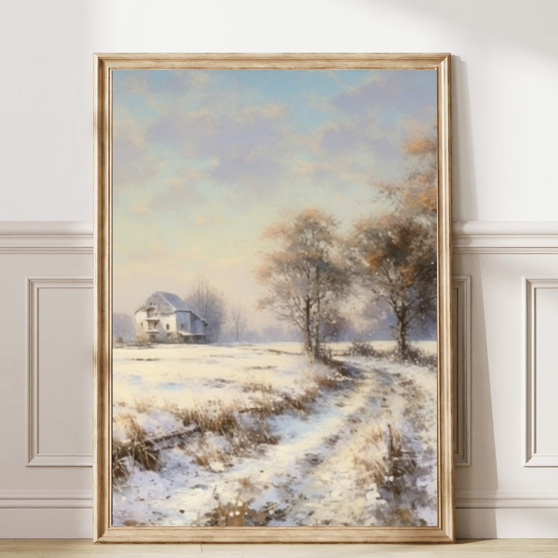 Snowy Farmhouse Landscape with Winding Path Winter Painting Poster - Image 6