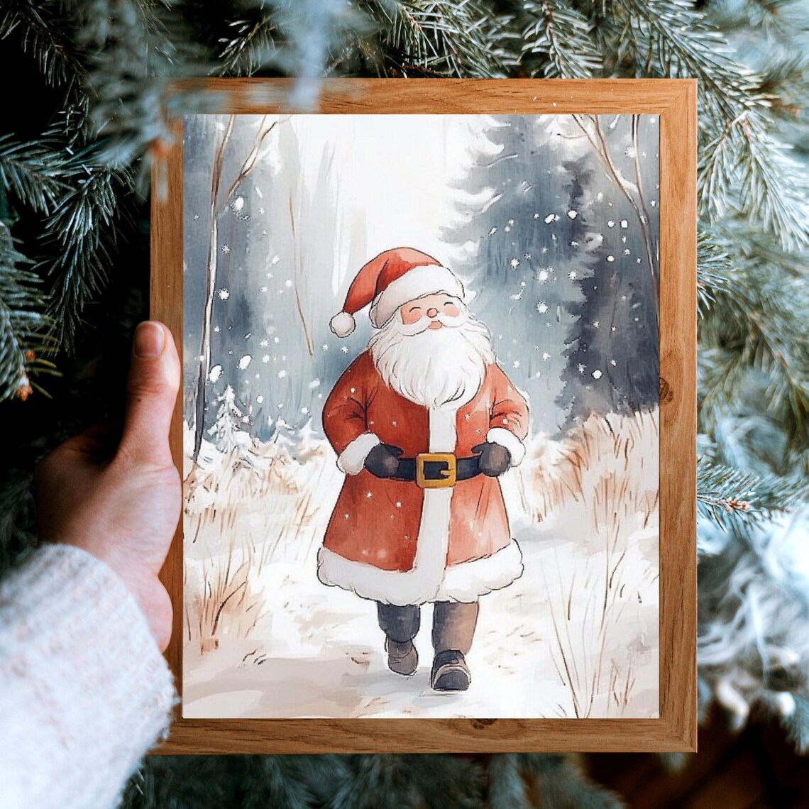 Cute Santa Claus Walking In Snowy Forest Watercolor Christmas Poster - Image 3