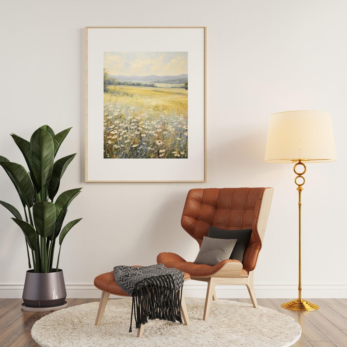 White Wildflower Meadow Landscape Oil Painting Vintage Farm House Summer Country Field Neutral Painting Art - Image 4