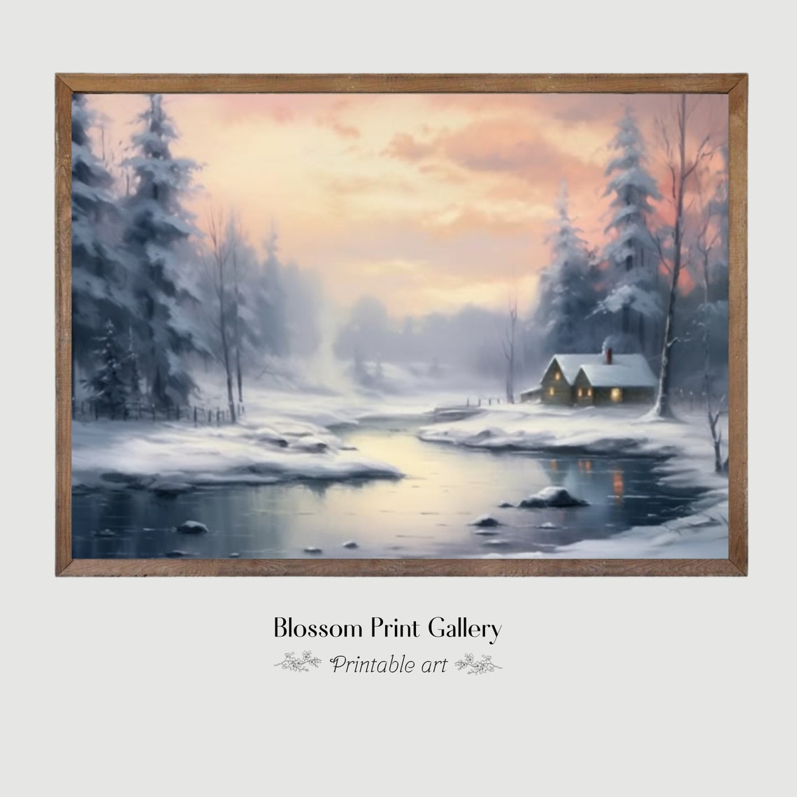 Winter Cabin by Frozen River at Pink Sunset Landscape Painting Poster - Image 6