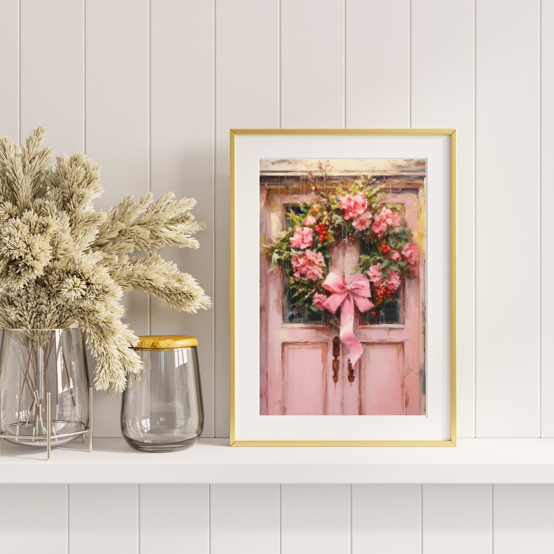Pink Christmas Wreath With A Pink Bow On A Pink Wooden Door Poster - Image 5
