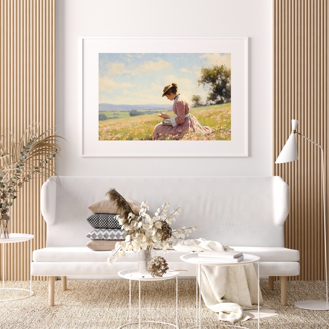 Woman Reading In Pink Wildflower Field Hillside Painting Poster - Image 5