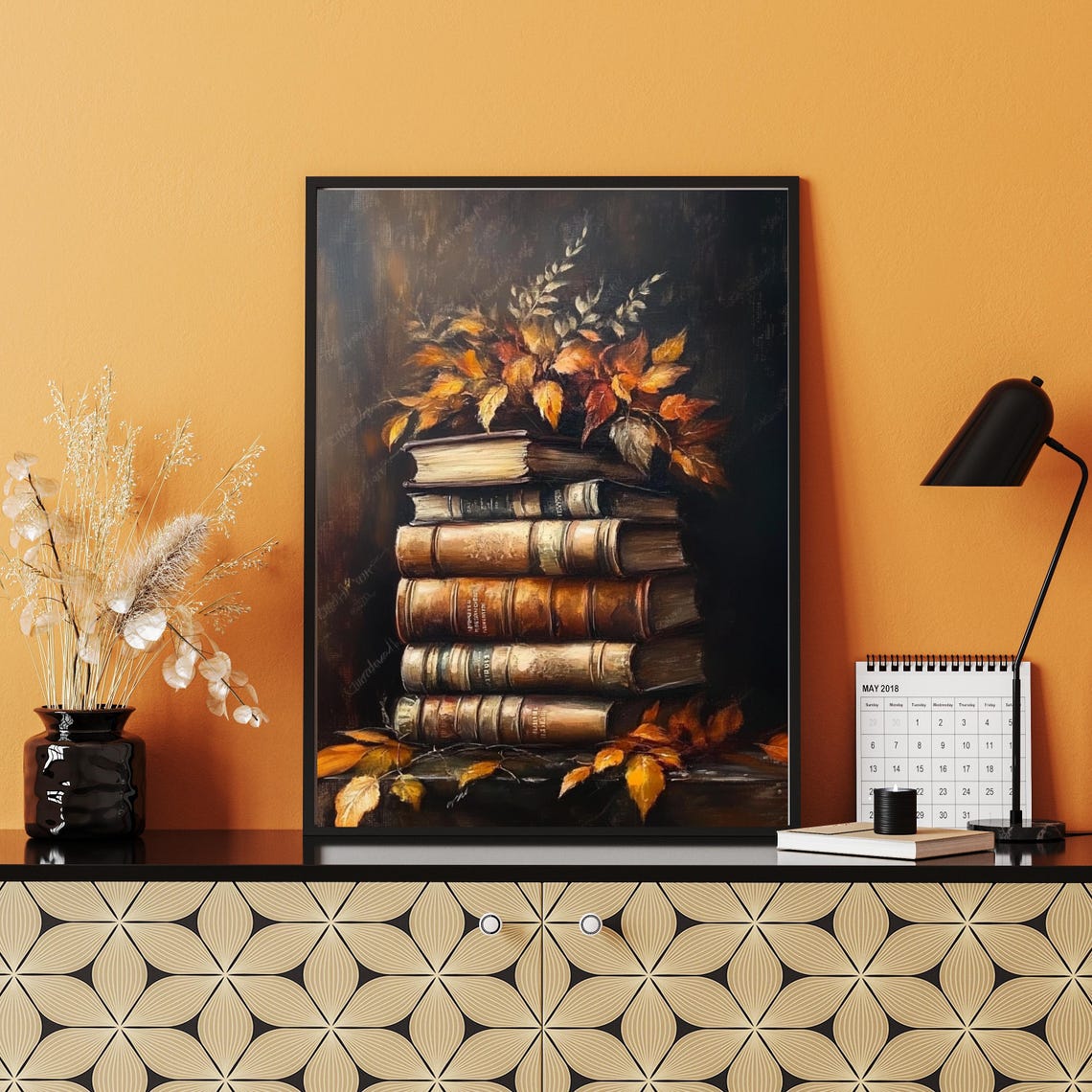 Antique Books Stack Autumn Leaves Moody Dark Still Life Poster - Image 3