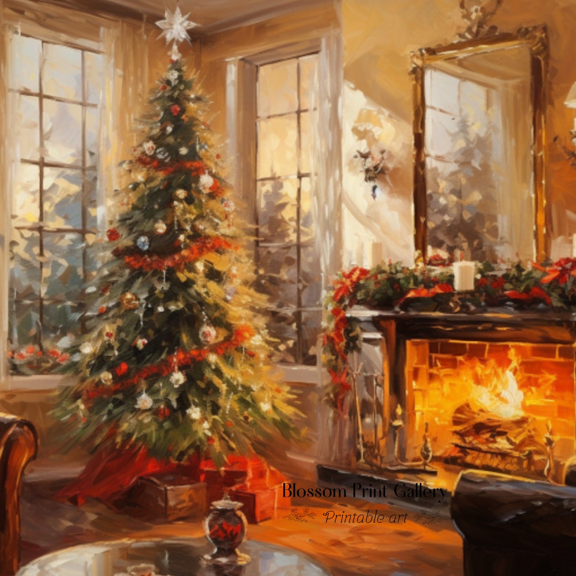 Cozy Christmas Living Room Fireplace Tree Warm Holiday Wall Art - Image 3