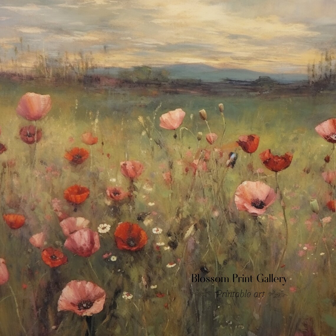 Poppies Oil Painting Vintage Landscape Wall Art Vintage Flower Field Print Antique Decor Floral Art 369 - Image 3