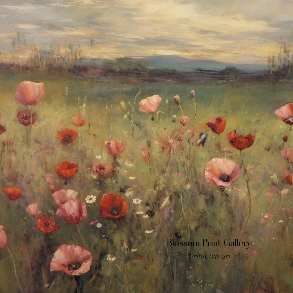 Red Poppy Field Wildflowers Soft Impressionist Meadow Art Poster - Image 3