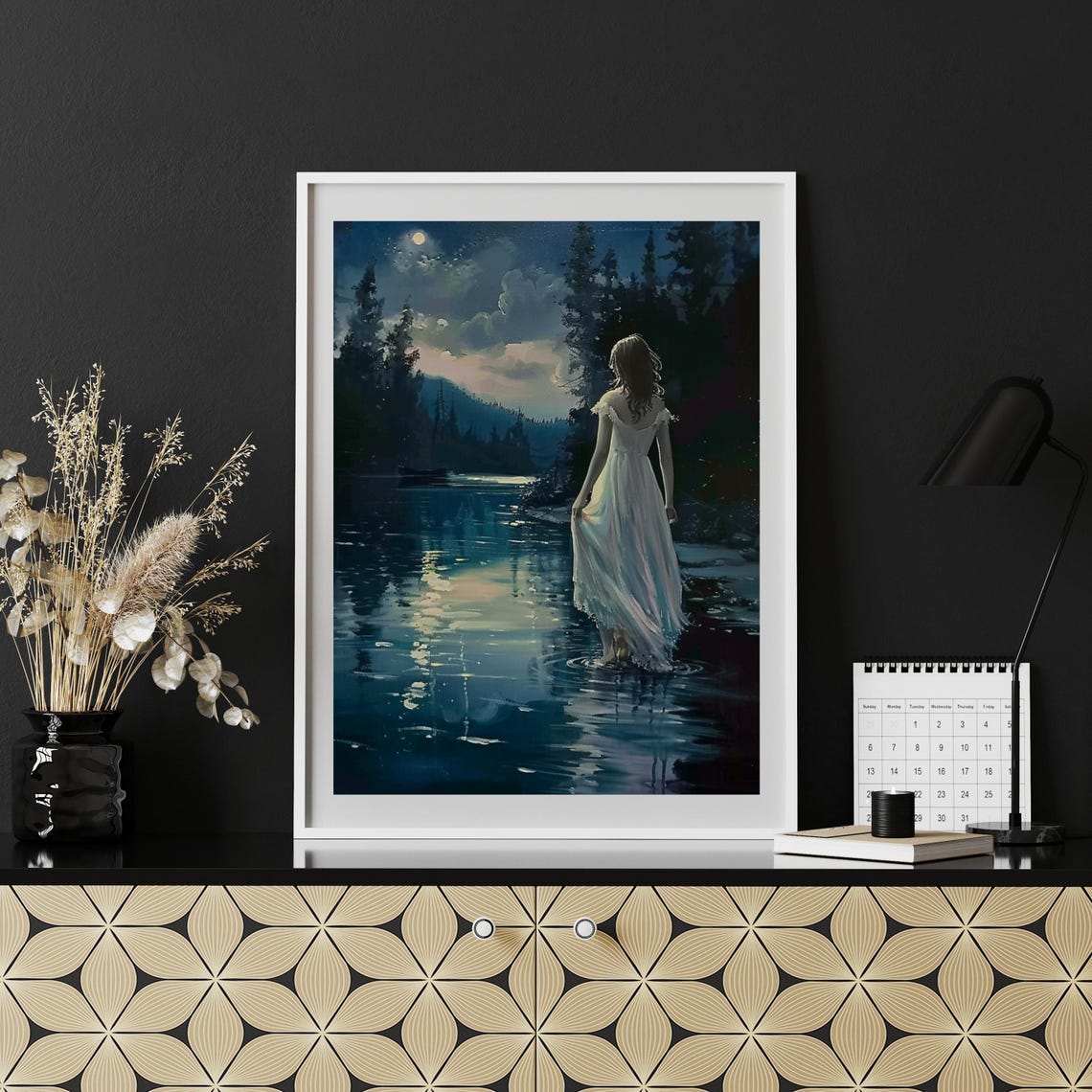 Moonlit Woman Wading Lake Midnight Water Landscape Art Poster - Image 2