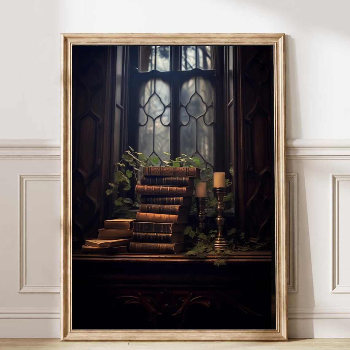 Stack Of Old Books By Gothic Window Dark Academia Painting Poster - Image 6