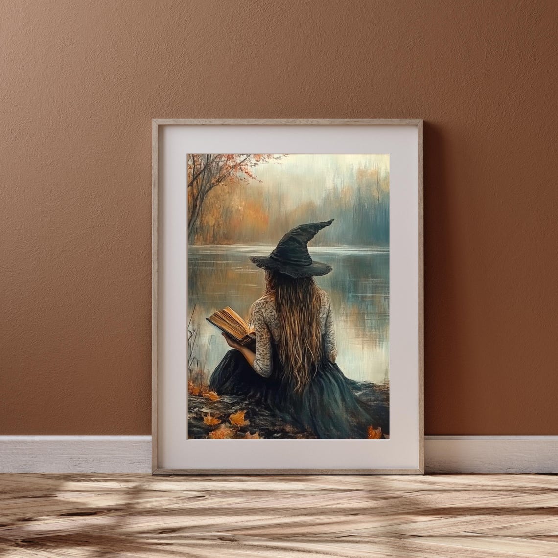Witch Reading Her Book by Misty Autumn Lake Halloween Poster - Image 2