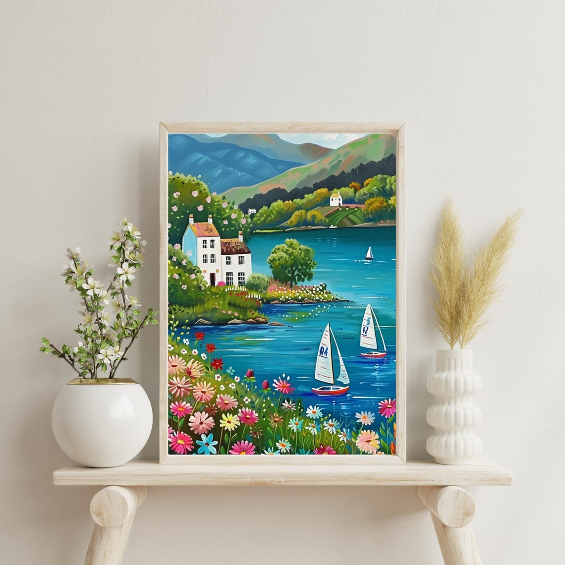 Vivid Coastal Lake Sailboats Folk Art Landscape Summer Poster - Image 3