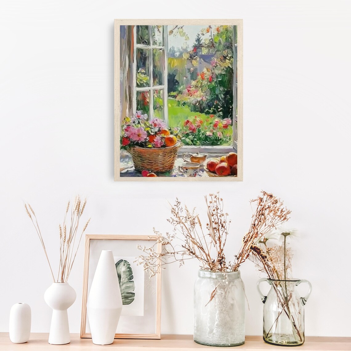 Basket Of Pink Flowers And Apples On A Sunny Windowsill Print - Image 2