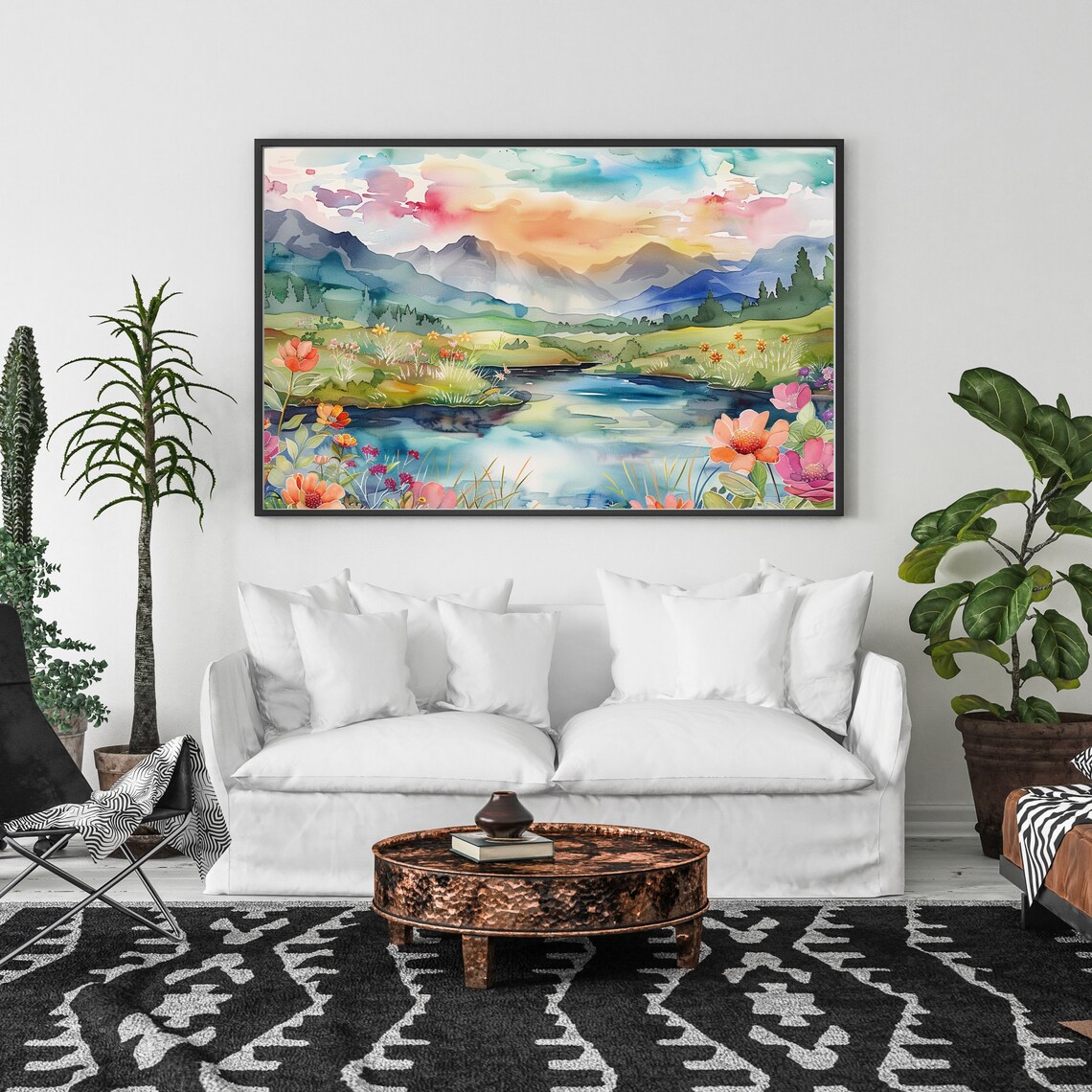 Watercolor Lake With Wildflowers And Mountains At Pastel Sunrise Print - Image 3