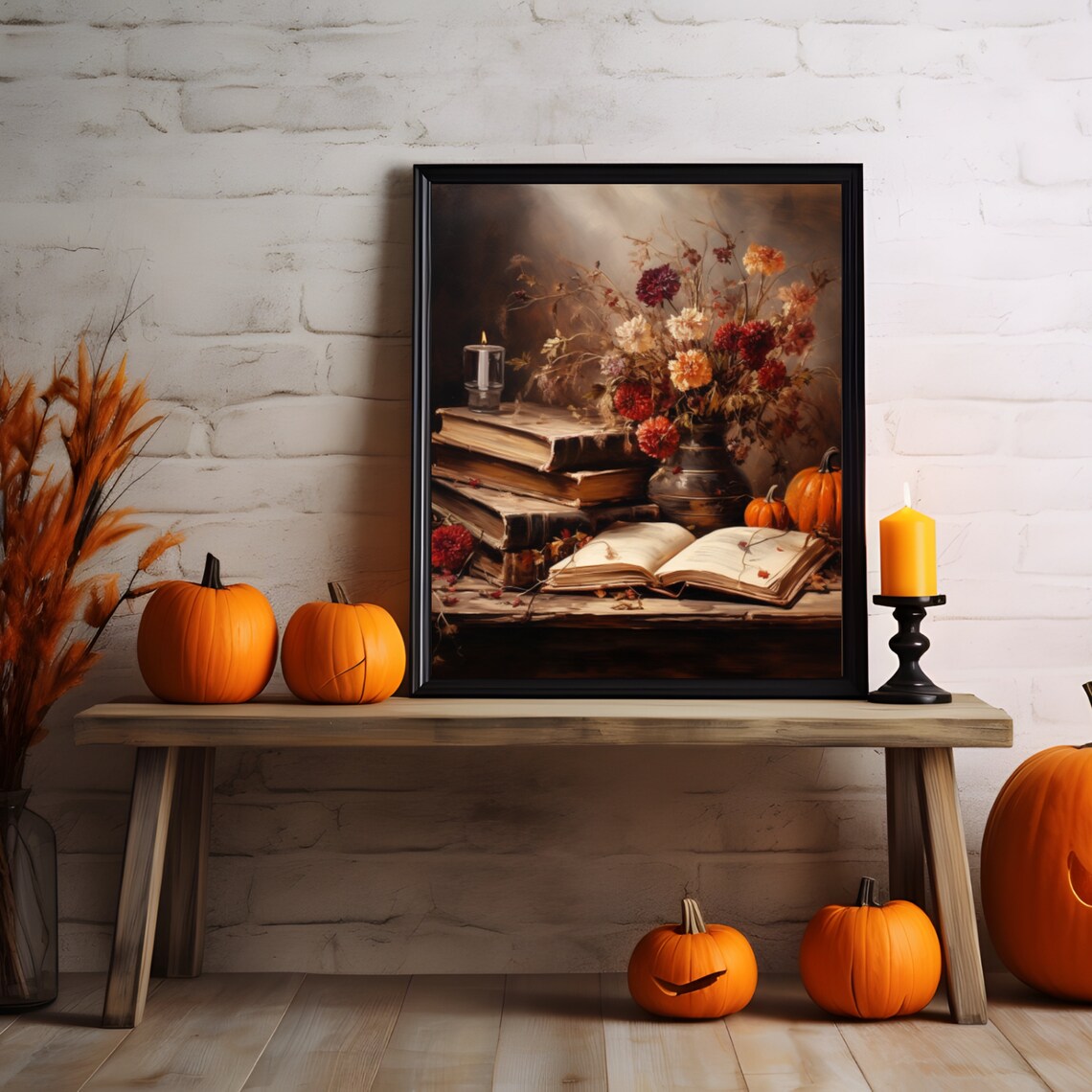 Cozy Autumn Still Life Antique Books Open Book Pumpkins Dark Art Poster - Image 4