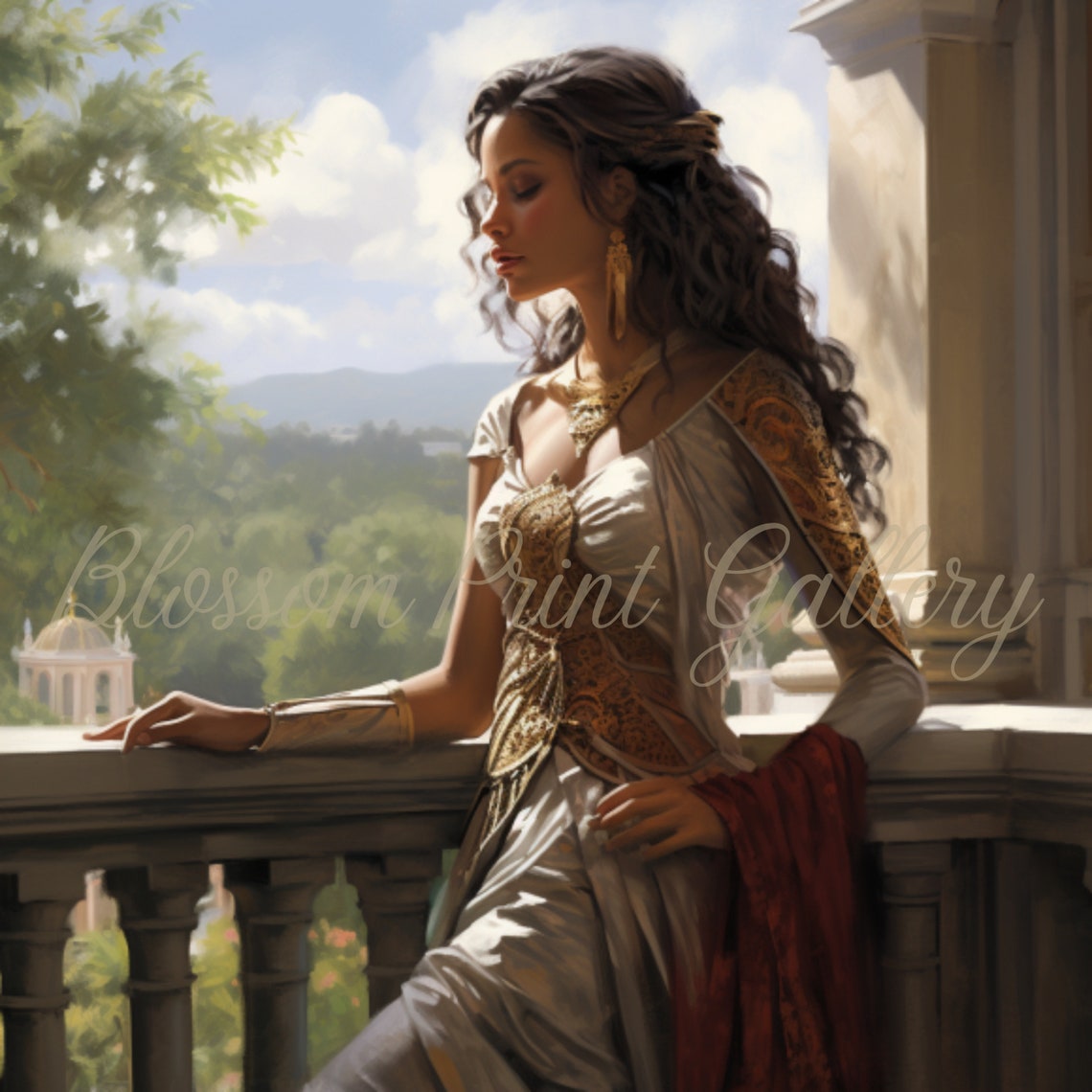Elegant Woman on a Sunlit Balcony Classical Beauty Portrait Poster - Image 3