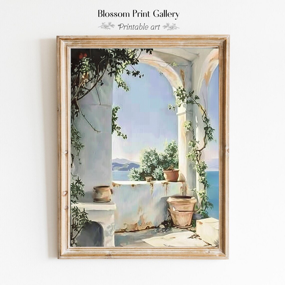 Mediterranean Terrace Arches Sea View Neutral Coastal Art Poster