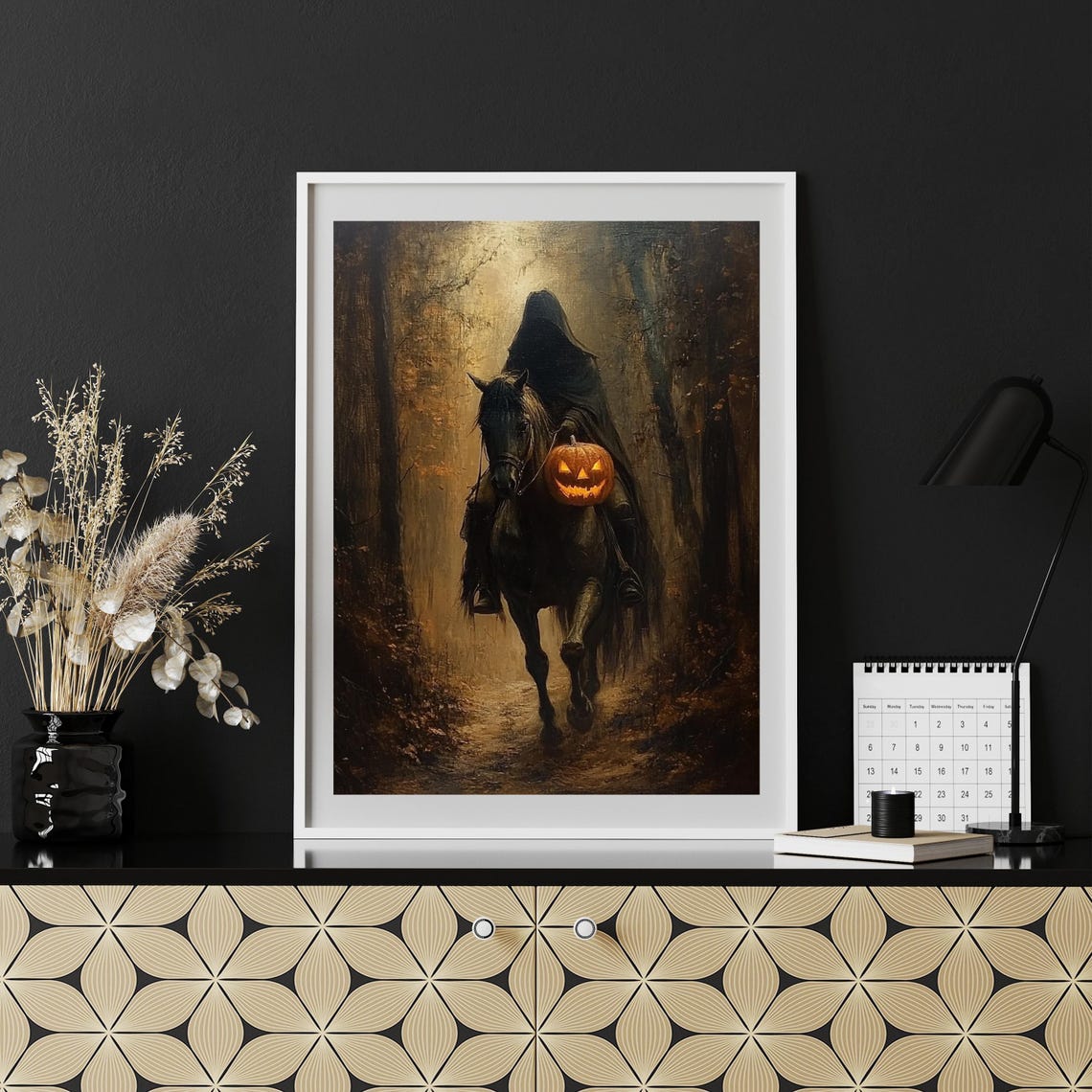 Headless Horseman with a Jack O Lantern Dark Halloween Wall Art - Image 6
