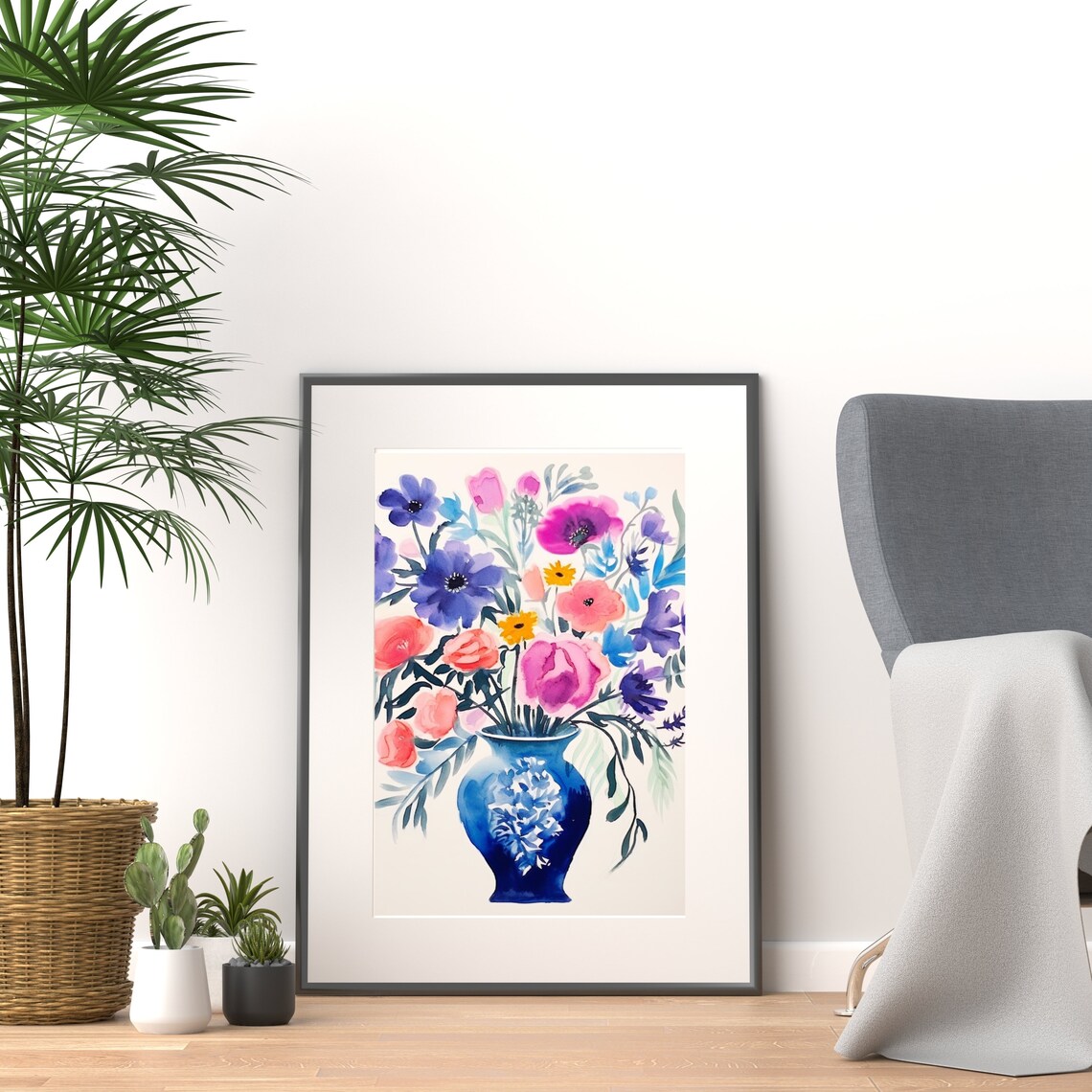 Watercolor Wildflower Bouquet in a Cobalt Vase Floral Wall Art - Image 5
